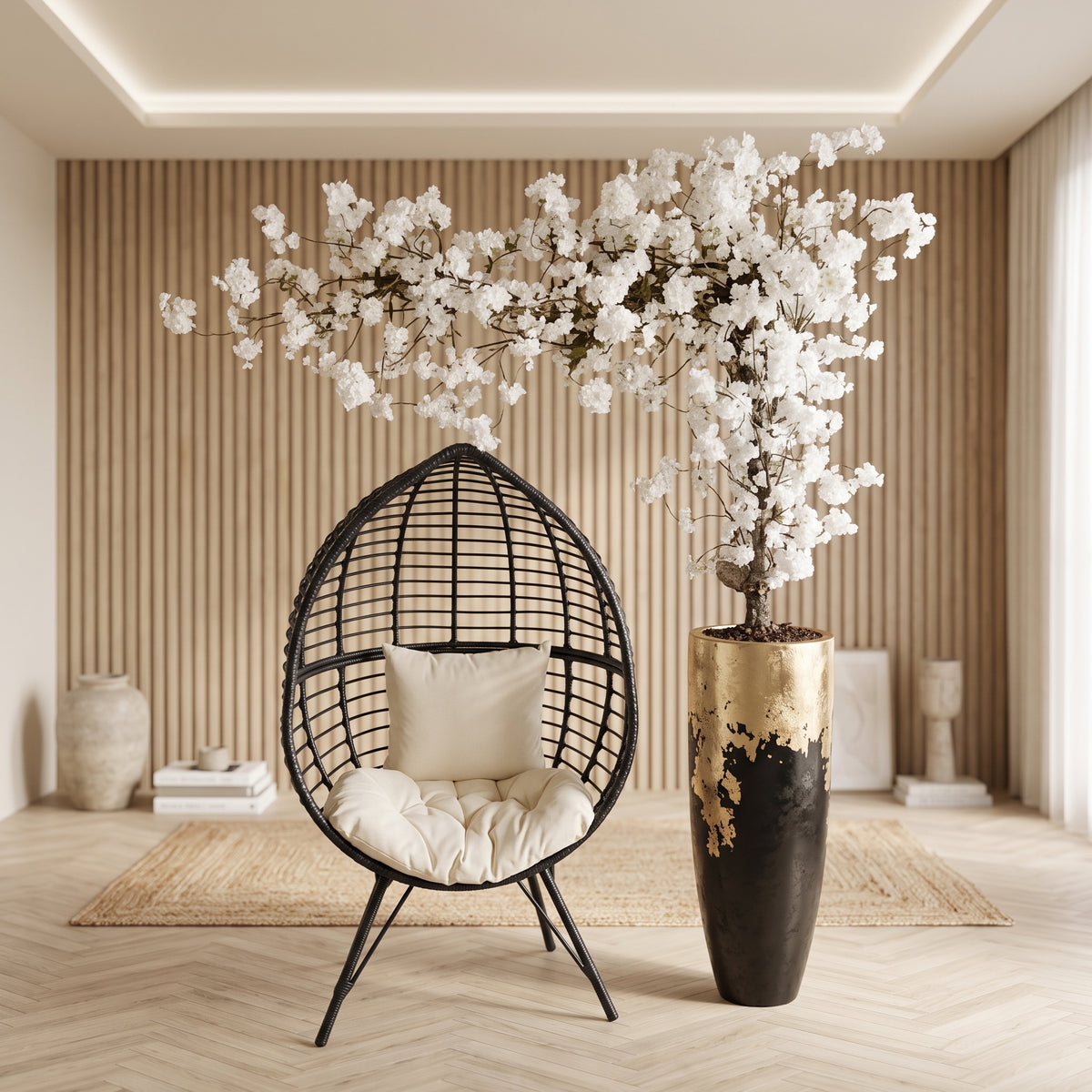 White Cherry Blossom in Black & Gold Planter - Green Haven