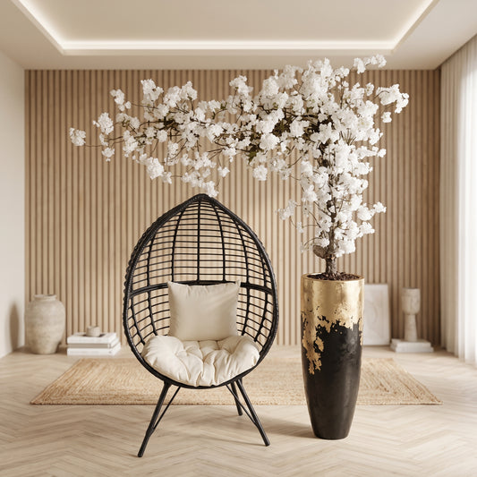 White Cherry Blossom in Black & Gold Planter - Green Haven