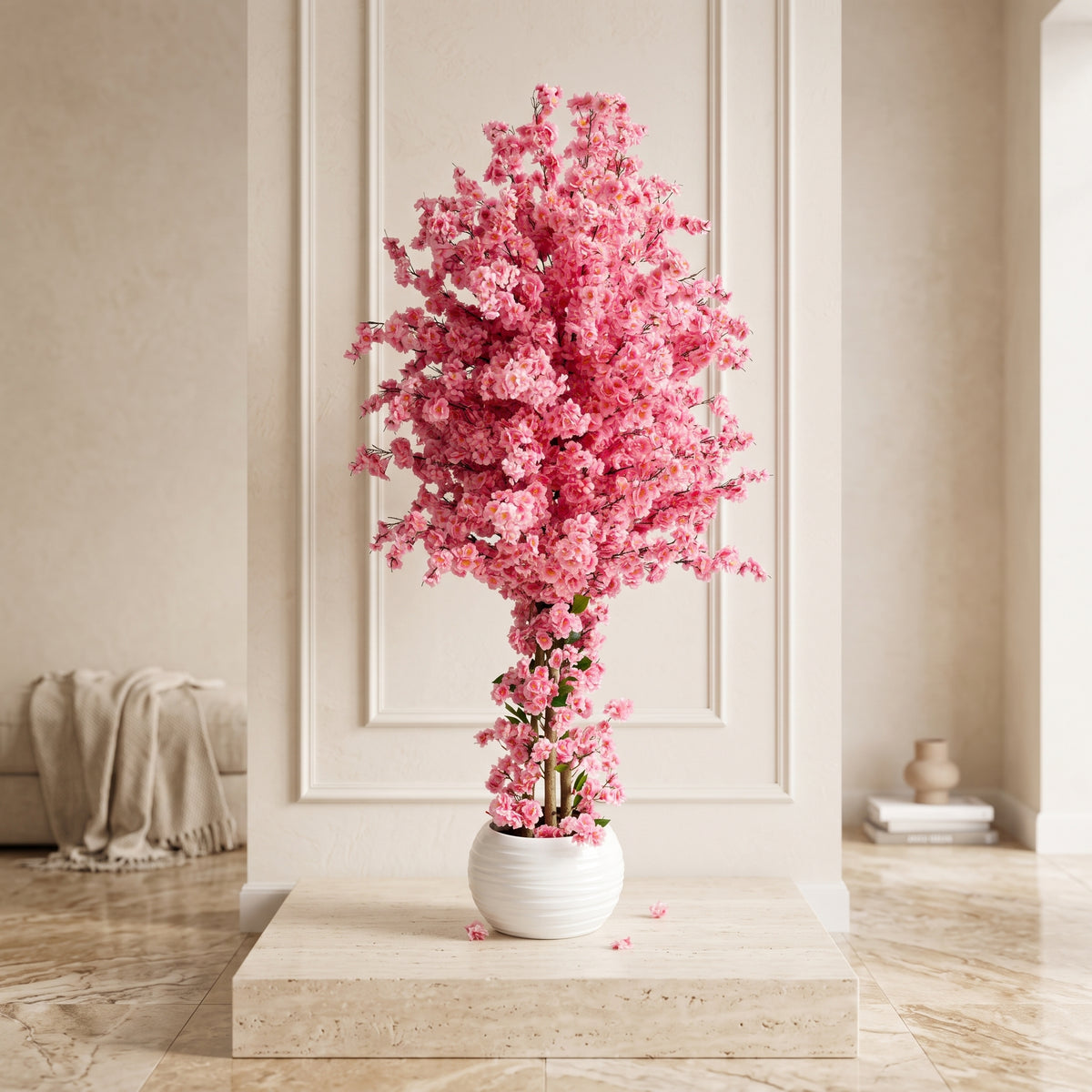 Elegant Pink Blossom Tree in Grooved Cylinder Pot - Green Haven