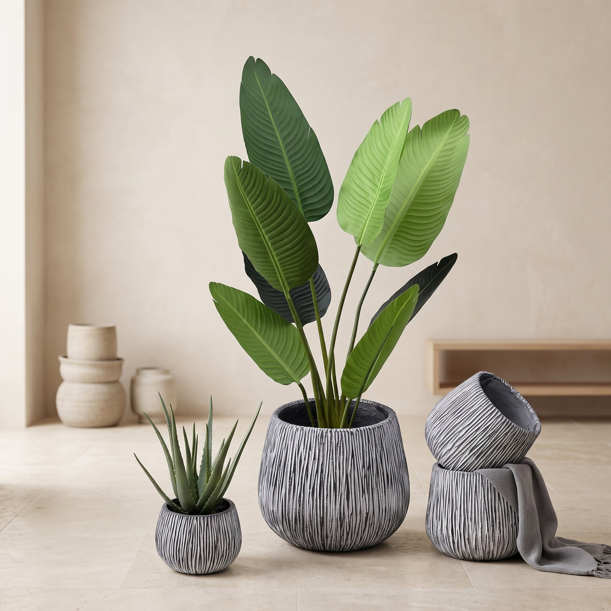 Textured Grey Planter Collection with Faux Greenery - Green Haven