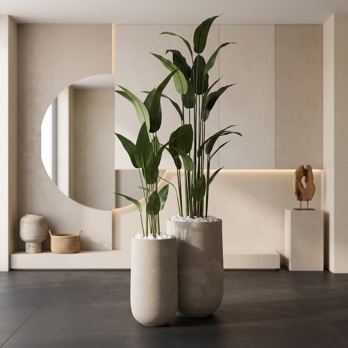 Twin Tropical Broadleaf in Smooth Concrete Planters - Green Haven
